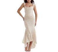 TACSTRUN Frauen Korsett Kleid Sexy Tube Top Spaghetti Strap Midi Kleid Low Cut Flowy Floral Plissierte Saum Formale Kleider,Beige,M