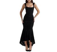 TACSTRUN Frauen Korsett Kleid Sexy Tube Top Spaghetti Strap Midi Kleid Low Cut Flowy Floral Plissierte Saum Formale Kleider,Schwarz,S