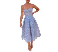 TACSTRUN Frauen Korsett Kleid Sexy Tube Top Spitze Floral Stickerei Midi Kleider Ballkleid Vintage Cocktailkleid,Blau,L