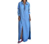 TACSTRUN Frauen Langarm Hemd Denim Kleid Hohe Taille Gewaschene Knopf Baggy Midi Flowy Jean Kleid,Light Blue,XL