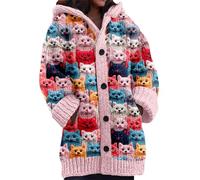 TACSTRUN Frauen Nette Lustige Flauschige Weihnachten Pullover Drucken Warme Winter Lange Offene Vordermantel,Rosa,L
