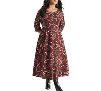 TACSTRUN Frauen Plus Size Maxi Kleider Langarm Rundhals Weihnachten Drucken Elastische Taille Herbst Winter Kleid,Rot,XXL