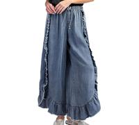 TACSTRUN Lässige, lockere Jeans mit weitem Bein für Damen, Kordelzug, elastische Taille, Rüschen, roher Saum, Denim-Schlaghosen, Boho-Hose,Blau,XL