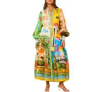 TACSTRUN Lässiges, lockeres Maxikleid für Damen, trendiges Farbblock-Langarm-Hemdkleid, fließendes Hawaii-Kleid,Grün,M