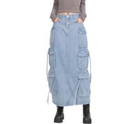 TACSTRUN Langer Denim-Cargo-Jeansrock für Damen im 90er-Jahre-Stil, lässig, lockerer Jeansrock mit hoher Taille und Rückenschlitz,Blau,L