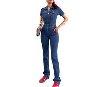 TACSTRUN Sexy High Waist Denim Jumpsuit Slim Stretch Kurzarm Revers Reißverschluss Gewaschene Distressed Jean Rompers,Blau,M