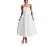 TACSTRUN Sexy Tube Top Korsett Dres Ärmellos Off Die Schulter Jacquard Satin A-Linie Midi Kleid Flowy Formale Kleider,Weiß,L