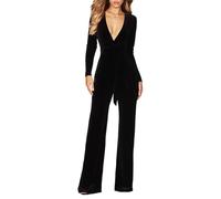 TACSTRUN Sexy V-Ausschnitt Samt Jumpsuits Langarm Dressy Belted Romper Breite Bein Hosen Onesie Elegante Pantsuits,Schwarz,S