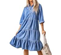 TACSTRUN Sommerliches Denim-Hemdkleid für Damen, lässiges halbes Ärmel-Babydoll-Kleid mit Knopfleiste vorne, fließendes Midi-Jeanskleid 2024,Blau,XXL