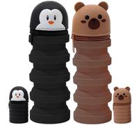 Tadoiooy 2pcs stehende Bleistiftkoffer, Penguin und Bärenteleskopstehnung mit Reißverschluss, niedliches auszudehnbares Silikon -Stehbleistift -Gehäuse für Kinderstudenten