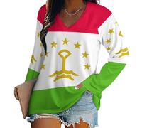Tadschikistan Nationalflagge Damen Langarmshirt Herbst T Shirt V-Ausschnitt Shirts, Modischer Flaggen-Print Oversized Basic Longshirt Lose Langarm T-Shirt, Bequem Langlebig Und Einlaufbeständig, XXL