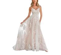 TAIGUHUI Damen Blumige Spitze Brautkleid Boho Braut Spaghetti Träger Standesamt Kleid, Elfenbein, 40