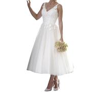 TAIGUHUI Damen Kurzes Brautkleid Vintage Standesamt Büro Brautkleid Spitze Ärmellos, Elfenbein, 46