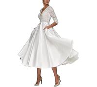 TAIGUHUI Damen Vintage Satin Brautkleider Kurzes Brautkleid Halbarm Abendkleider Tiefer, Elfenbein, 44