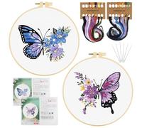 TAIHOBO Embroidery Kit, Schmetterling Stickset für Anfänger, 2 Stück Stick Set mit Stickrahmen Stickgarn Nähnadel Anleitung, Blumen Handstickerei Sticken für Anfänger, DIY Sticken Set Erwachsene