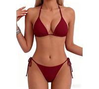 Tainehs Bikini für Damen, Neckholder, Dreieck-Design, sexy Tangahöschen zum Binden auf beiden Seiten., Weinrot, XS