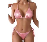 Tainehs Bikini für Damen, Neckholder, Dreieck-Design, sexy Tangahöschen zum Binden auf beiden Seiten., Pink Bling, XL