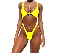 Tainehs Damen-Bikini, einteilig, U-Ausschnitt, niedriger Rücken, gerippt, hoch geschnitten, frecher Badeanzug, neongelb, Medium
