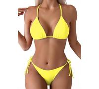 Tainehs Damen Sexy Neckholder Tanga Bikini Krawatte Zwei Seiten Bottom Triangel Bikini Badeanzüge, gelb, Large