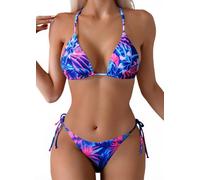 Tainehs Damen Sexy Neckholder Tanga Bikini Krawatte Zwei Seiten Unterteil Triangel Bikini Badeanzüge, Rosa Blume, Medium