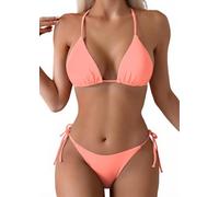 Tainehs Women's Sexy Halter Thong Bikini Tie Two Sides Bottom Triangle Bikini Swimsuits Fluorescent Orange