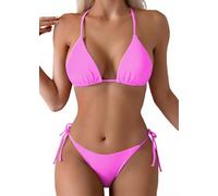 Tainehs Women's Sexy Halter Thong Bikini Tie Two Sides Bottom Triangle Bikini Swimsuits (Pink1, Large)