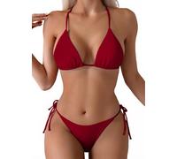 Tainehs Women's Sexy Halter Thong Bikini Tie Two Sides Bottom Triangle Bikini Swimsuits Wine Red