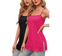 TAIPOVE Camisole Tops für Damen, lange Spitze, Cami, Baumwolle, verstellbarer Riemen, Tank-Top-Verlängerung, quadratischer Ausschnitt, 2 Packungen, Schwarz/Hot Pink (Pima-Baumwolle), XX-Large