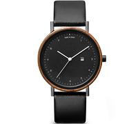 TAKE A SHOT Holzuhr - Holz Armbanduhr für Damen mit Datumsanzeige, Damenuhr mit Gehäuse aus Holz, Veganes Lederarmband schwarz, Durchmesser 37 mm, Gwen APVELSKIN