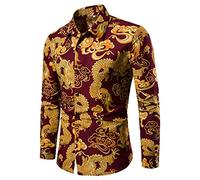 Take Idea Freizeithemden FüR Herren Gold Drachen-Muster Slim Fit Hemdbluse Mit Umlegekragen Button-Up Herrenshirt Langarm Funktionsshirt Oberhemden Atmungsaktiv Outdoor Hemden Oberteil