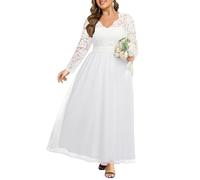 Talisea Formelle Brautkleider in Übergröße - Abendkleid, Abschlussball, elegant, V-Ausschnitt, Lange Ärmel, Spitze, Chiffon, langes Maxikleid, Weiss/opulenter Garten, 46 Mehr