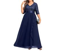 Talisea Formelle Kleider in Übergröße - V-Ausschnitt, 3/4-Ärmel, Pailletten-Abendkleider, Abschlussball, Gala, Hochzeit, Gäste, Chiffon, langes Maxikleid, Marineblau, 48 Mehr