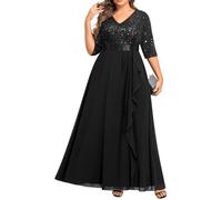 Talisea Formelle Kleider in Übergröße - V-Ausschnitt, 3/4-Ärmel, Pailletten-Abendkleider, Abschlussball, Gala, Hochzeit, Gäste, Chiffon, langes Maxikleid, Schwarz, 52 Mehr