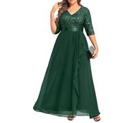 Talisea Formelle Kleider in Übergröße - V-Ausschnitt, 3/4-Ärmel, Pailletten-Abendkleider, Abschlussball, Gala, Hochzeit, Gäste, Chiffon, langes Maxikleid, Grün , 50 Mehr