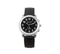 TalkJoy FUNKUHR Herren Uhr Sprechende Lederarmband Silber Blindenuhr Funk-Armbanduhr schwarzes Zifferblatt