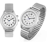 TalkJoy Sprechende Armbanduhr für Herren, Uhr für Senioren & Blinde, Sprachansage in Deutsch, Uhrzeit & Datum per Knopfdruck, große Zahlen, Wecker, automatische Zeitansage, Farbe Silber