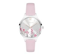 Tamaris Armbanduhr Damen Basic Quarzuhr Analog 34mm, mit Leder Armband, florales Ziffernblatt, 3 ATM Wasserdicht - Silber Floral und rosa