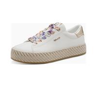 Plateausneaker TAMARIS, Damen, Gr. 39, weiß, Lederimitat, glänzend, unifarben mit Farbeinsatz, Schuhe Plateausneaker, Freizeitschuh, Halbschuh, Schnürschuh mit Textilkordel am Plateau (27347430-39) we