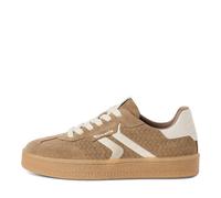 Tamaris Damen-Sneaker aus taupefarbenem Leder mit weißen Streifen