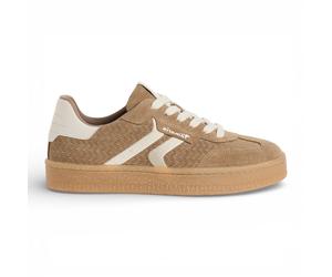 Tamaris Damen-Sneaker aus taupefarbenem Leder mit weißen Streifen EU 36