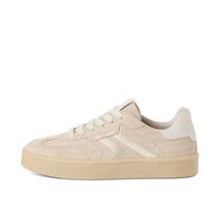 Tamaris Plateausneaker Damen Gr. 37 Beige/Weiß Glattleder Veloursleder Schnürer Retro-Look