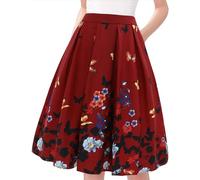 Tandisk Damen Vintage A-Linie Bedruckter Plissee Ausgestellter Midirock mit Taschen, Weinerne Blume, Mittel