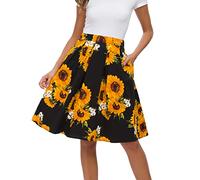 Tandisk Damen Vintage A-Linie bedruckter plissierter ausgestellter Midirock mit Taschen, Sonnenblume, Mittel