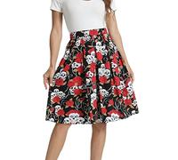 Tandisk Damen Vintage A-Linie bedruckter plissierter ausgestellter Midirock mit Taschen, Totenkopf Blume, Groß