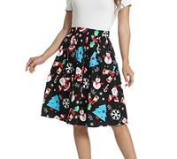 Tandisk Damen Vintage A-Linie bedruckter plissierter ausgestellter Midirock mit Taschen, Weihnachtsmann, Klein