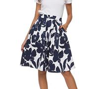 Tandisk Damen Vintage A-Linie bedruckter plissierter ausgestellter Midirock mit Taschen, Weiße blaue Blume, Mittel