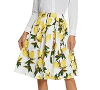 Tandisk Damen Vintage A-Linie bedruckter plissierter ausgestellter Midirock mit Taschen, Zitronenblüte, Groß