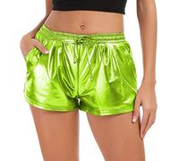 Tandisk Damen Yoga Hot Shorts Glänzende Metallic Hose mit elastischem Kordelzug, Grasgrün, XX-Large