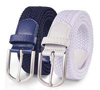 TANGCHAO 2 Stücke Stoffgürtel Stretchgürtel Elastik Flechtgürtel Geflochtener und Elastischer Dehnbarer Gürtel für Damen und Herren Breite 3.3cm Weiß+Blau 100cm