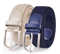 TANGCHAO 2 Stücke Stoffgürtel Stretchgürtel Elastik Flechtgürtel Geflochtener und Elastischer Dehnbarer Gürtel für Damen und Herren Breite 3.3cm Blau+Beige 105cm